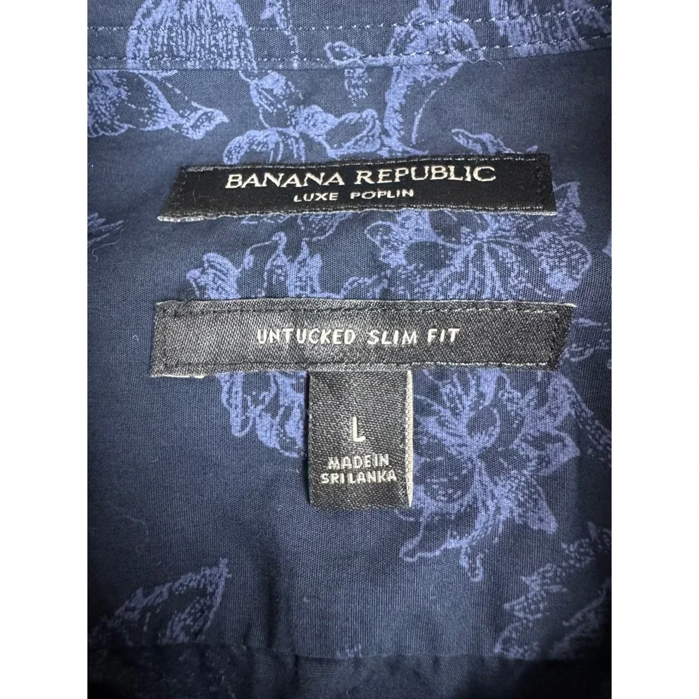 Banana Republic Mens Large Luxe Poplin Untucked Slim Fit Floral Shirt Navy Blue